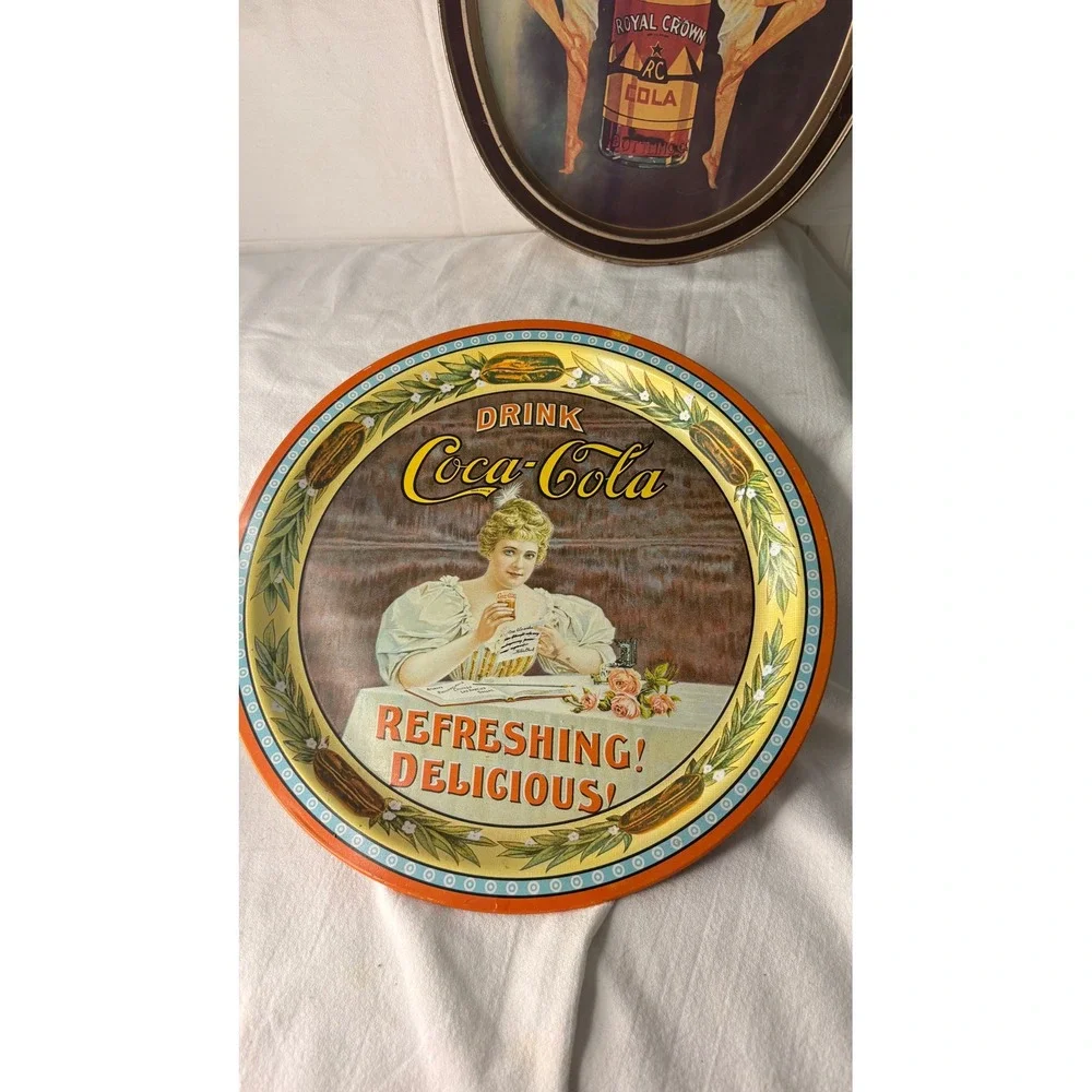 Vintage Coca-Cola 75th Anniversary & Royal Crown RC Cola Tin Serving Trays Set 2